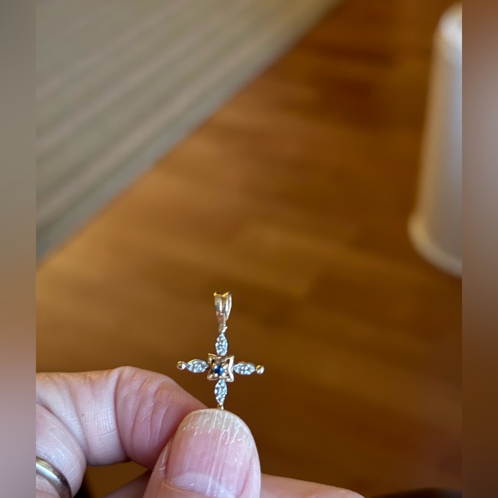Gold and Silver cross blue Sapphire Pendant - Picture 7 of 7